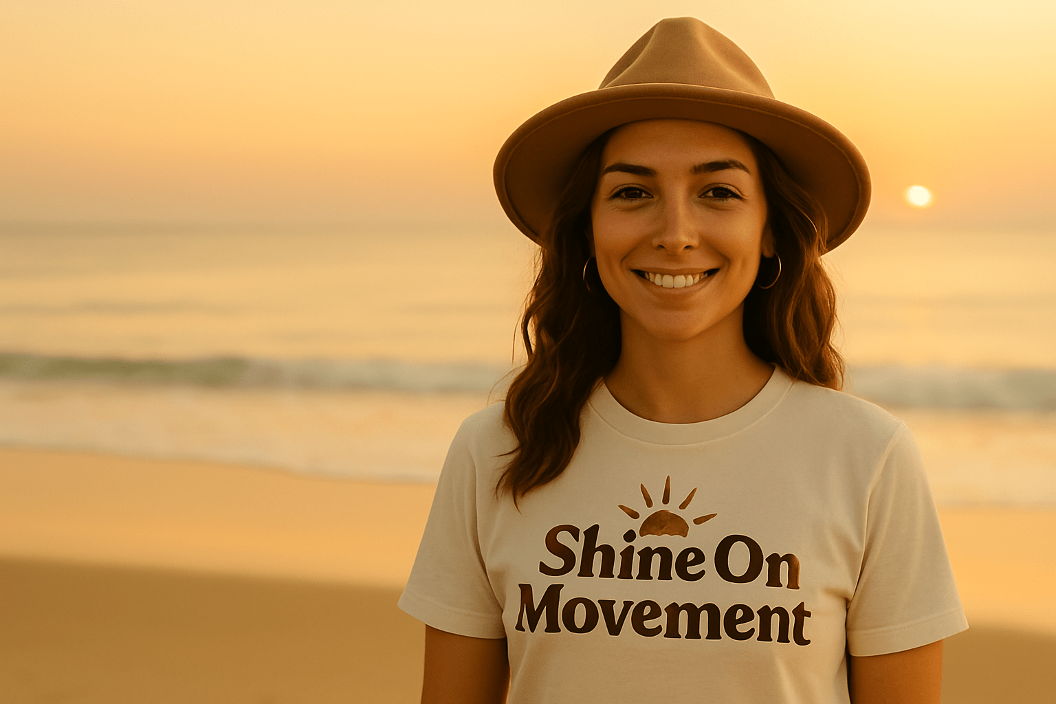 A smiling woman in a hat wearing a Shine On Movement shirt.