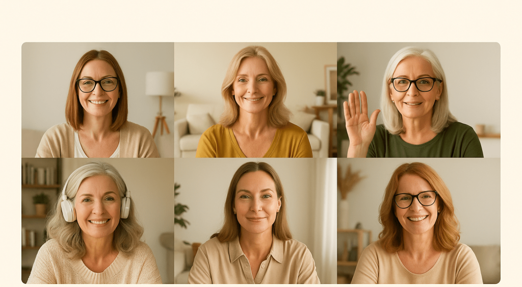 Women ages 40–70m participating in an online women’s sister circles via Zoom — Shine On Movement sister circles virtual gathering women's emotional support circles