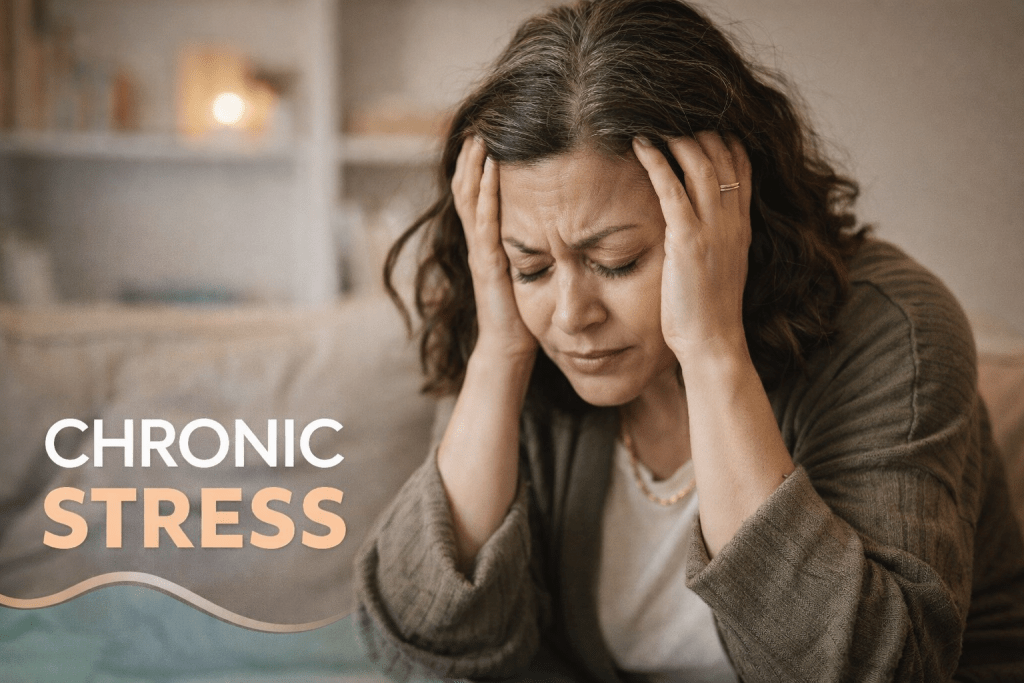 Woman holding her head in stress at home, representing chronic stress in women