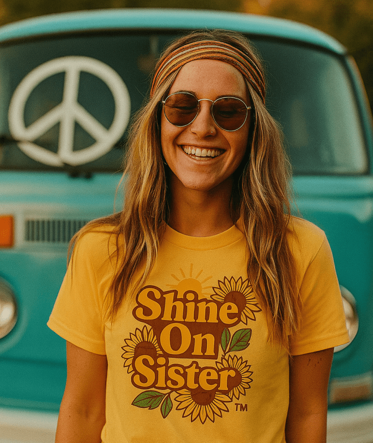 Woman in Shine On Sister shirt for women’s support nonprofit donation page