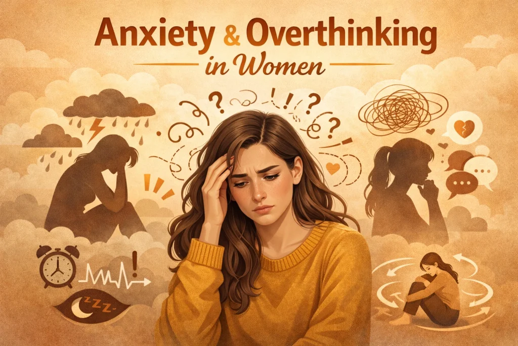 Anxiety and overthinking in women illustrated with a realistic woman surrounded by symbols of stress, worry, and emotional overwhelm in warm Shine On Movement colors